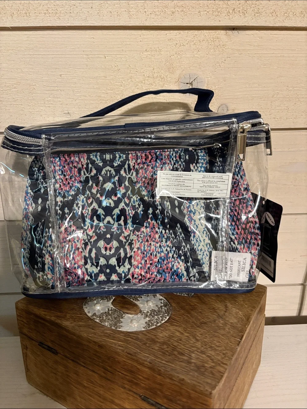 Emma & Chloe 3 piece Cosmetic Bag with Navy Trim and Multicolor